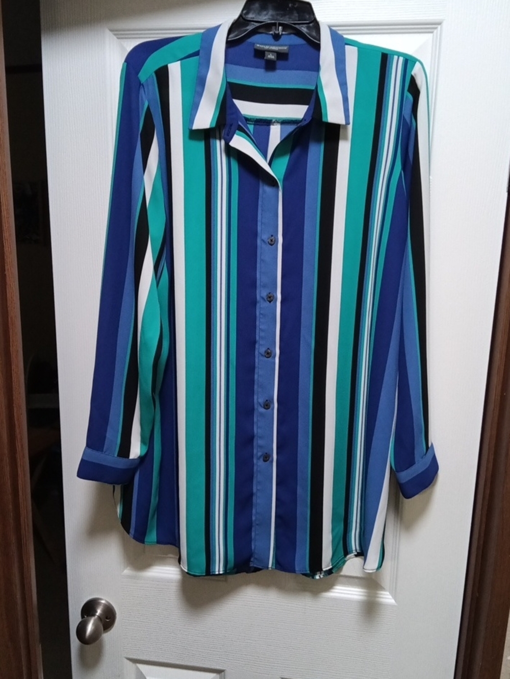 BOLD elements Women's Vertical Stripe Top Size L- Blue, Teal & White Sheer